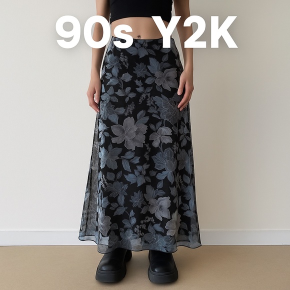Y2K 90s VENUS Black Blue Floral Sheer Chiffon Maxi Skirt Fairy Grunge L - Picture 1 of 14
